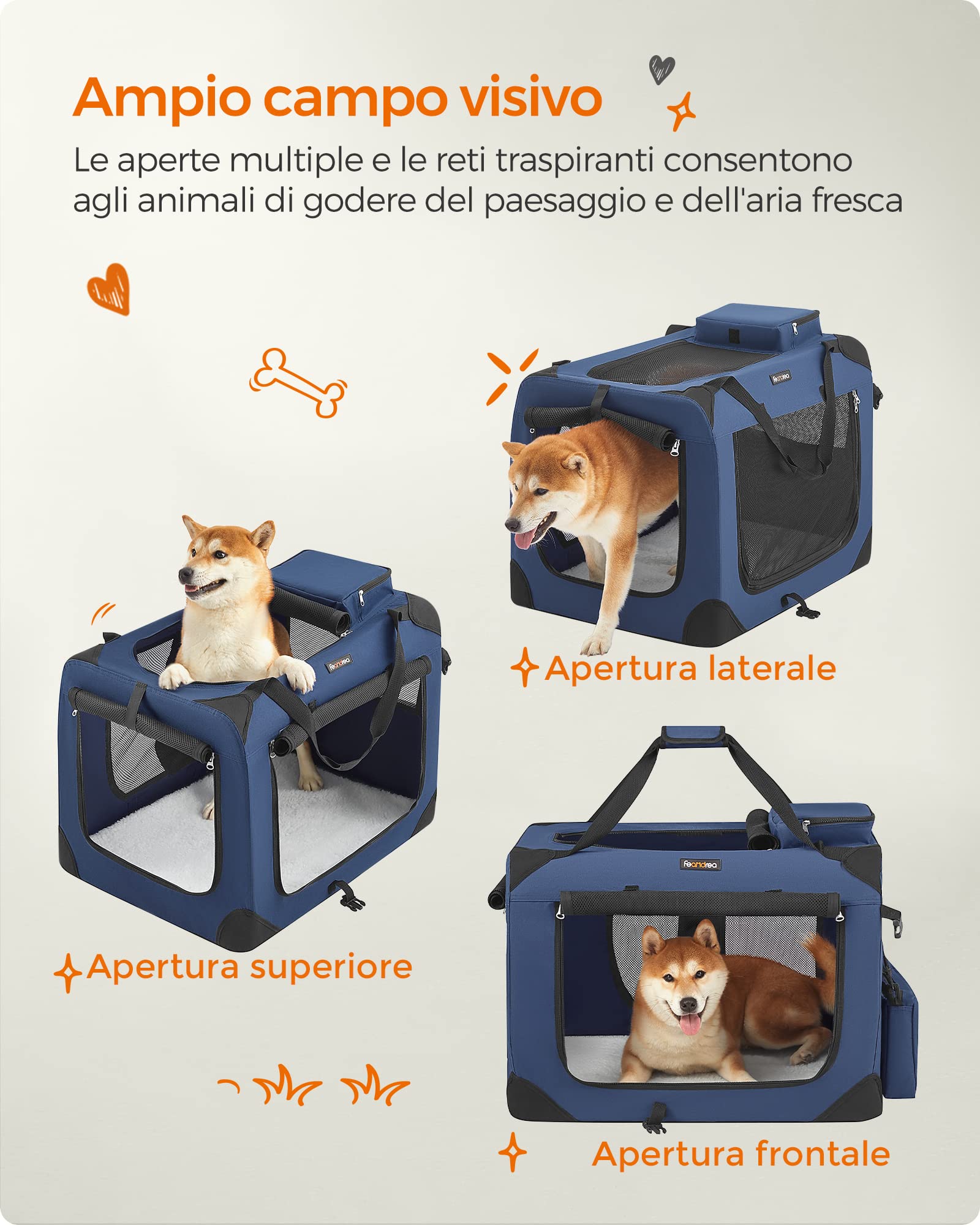 FEANDREA Trasportino per Cane, Gabbia Pieghevole, L (70 x 52 x 52 cm), Blu Scuro PDC70Z