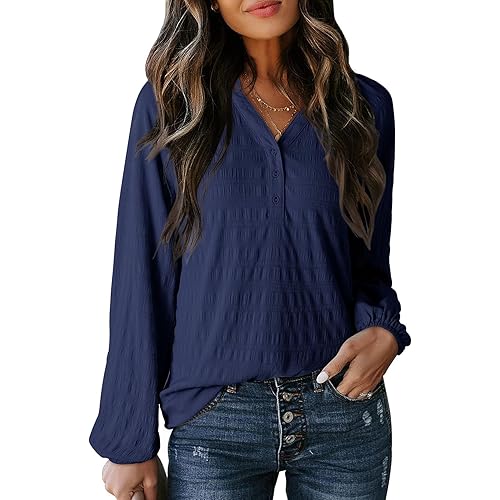 Dokotoo Womens Tops Dressy Casual Lantern Long Sleeve Shirts Fall Outfits Textured Business Blouses V Neck Button Down Shirts