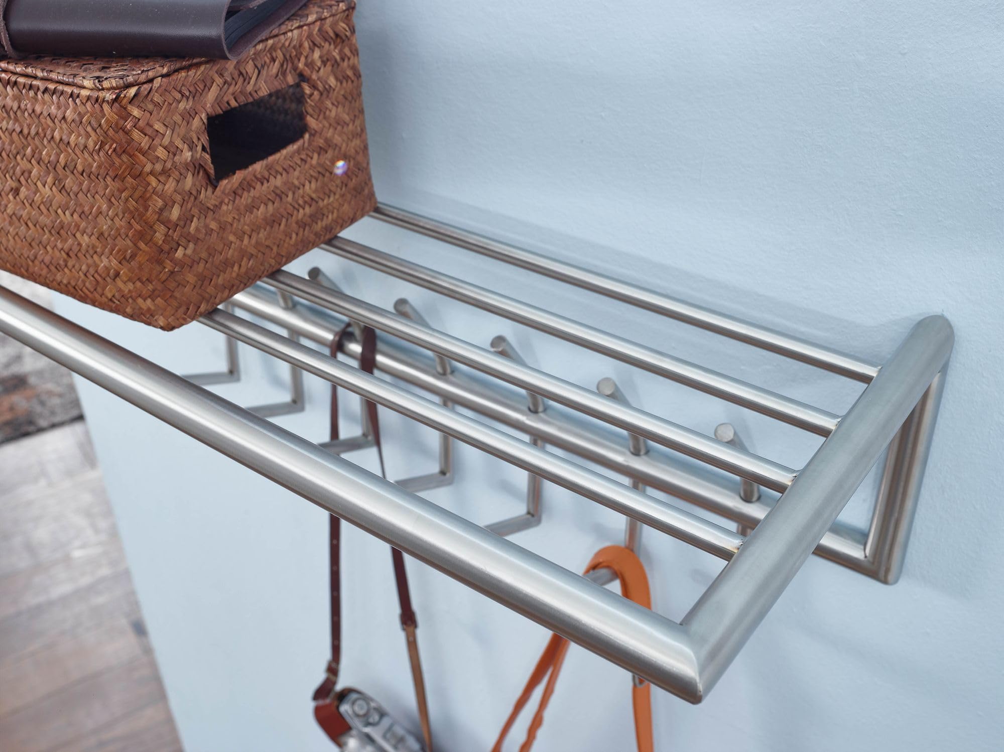 FineBuy Portemanteau Mural 70 cm Métal Argenté avec Étagère à Chapeaux | panneau vestiaire avec 5 massif crochets et penderie, barre vestiaire pour entrée et couloir, fait main
