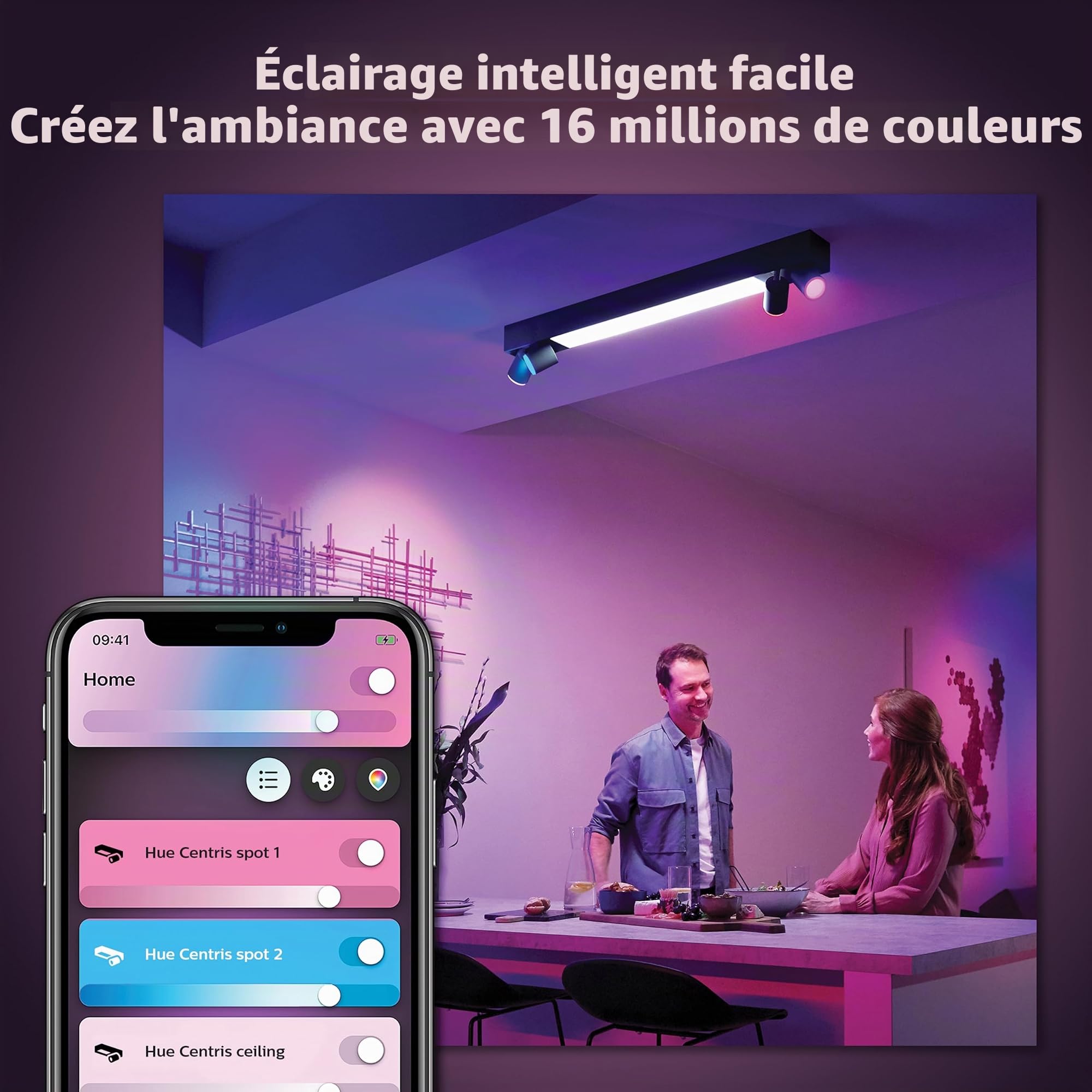 Philips Hue White & Color Ambiance, Plafonnier à 4 Spots Centris, Noir