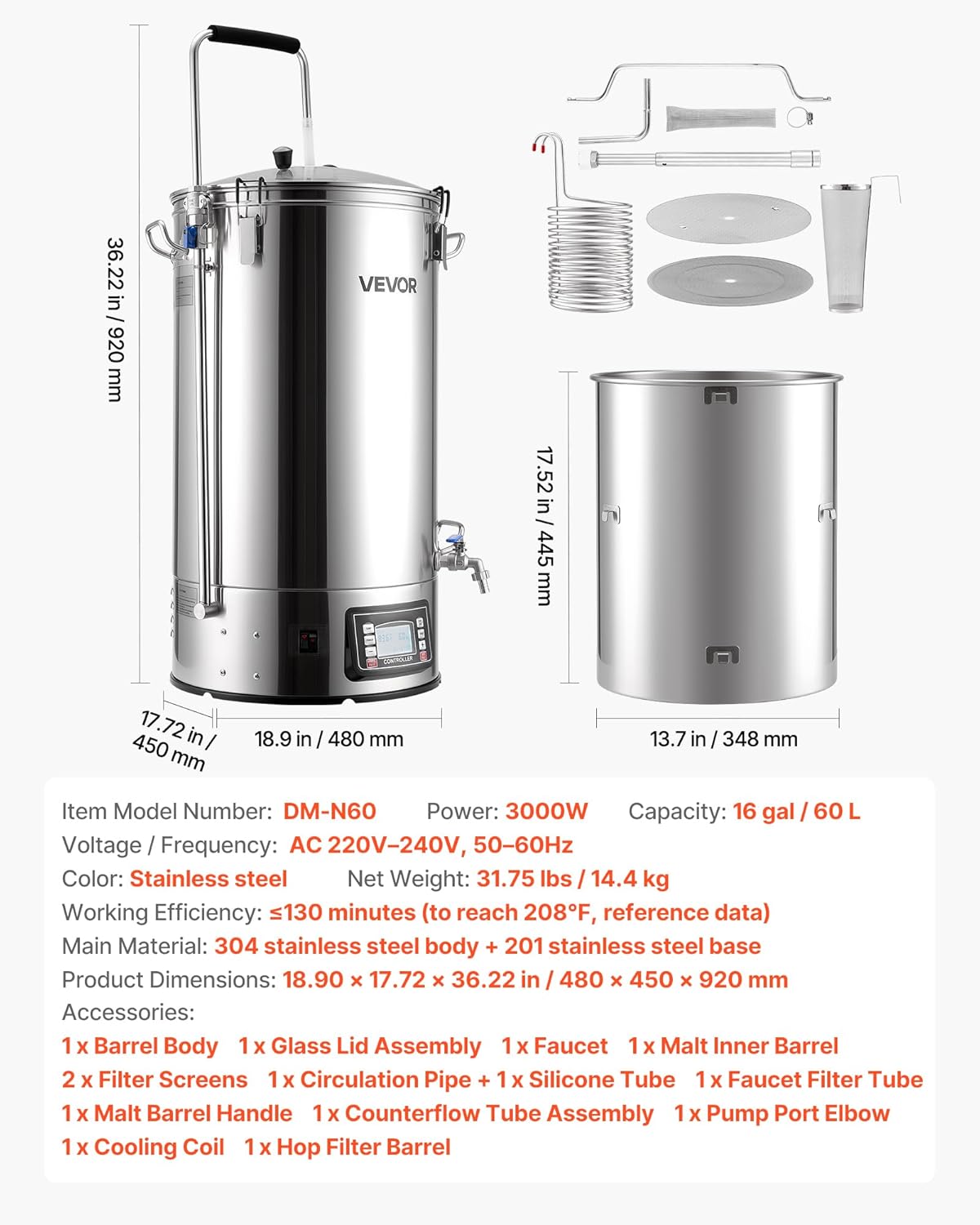 VEVOR Beer Brewing Equipment, 16 Gal/60L Beer Maker with Anti-Burn Pump and Wort Chiller,3000W All-in-One Home Brewing Kit with Digital Control, Recipe Memory & Timer, Removable mesh strainer