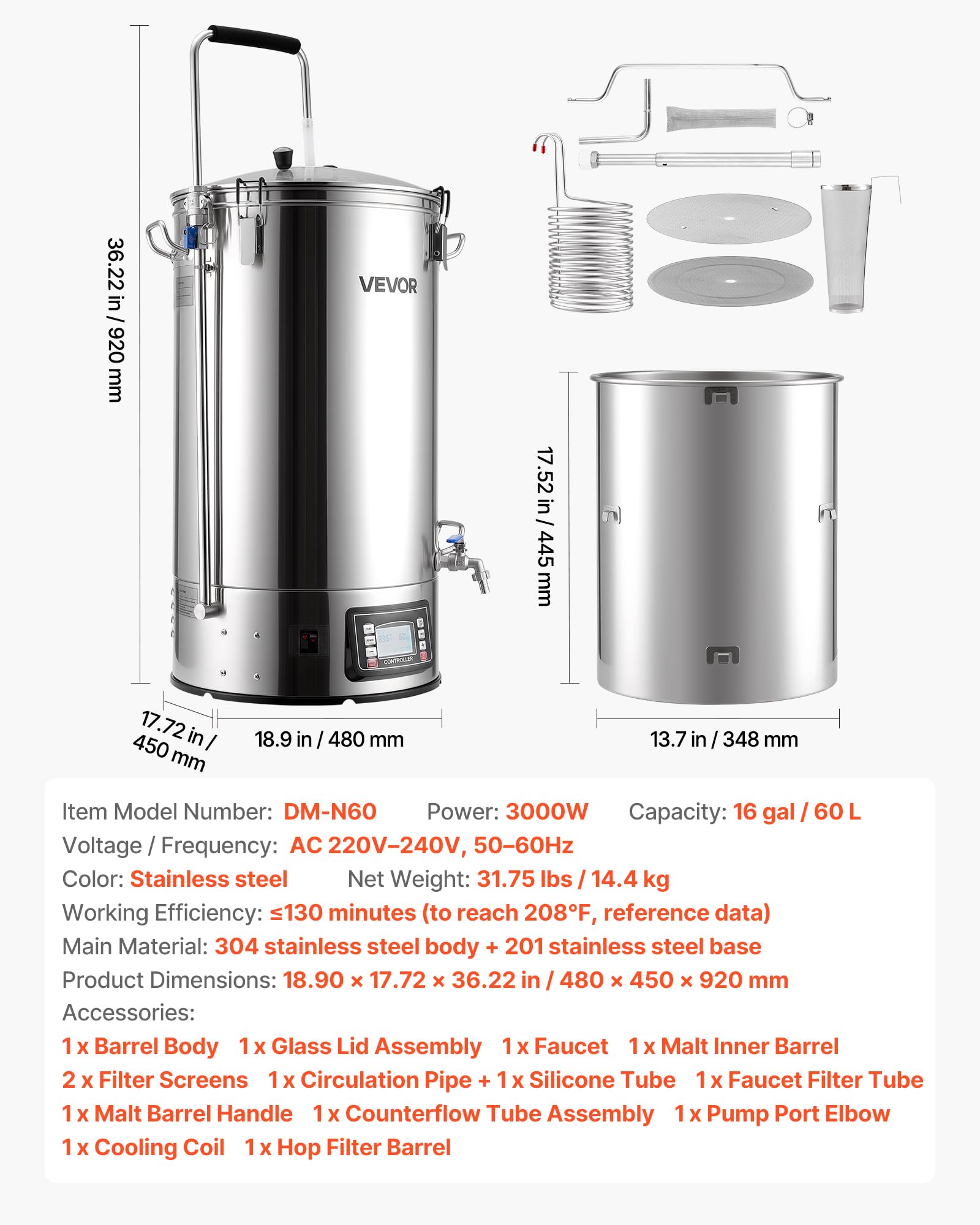 VEVOR Sistema per Produzione di Birra, Bollitore da 60 Litri per Uso Domestico, Pentola Elettrico per Produzione di Birra modalità Automatica/Manuale, Pannello di Controllo Tubo di Circolazione