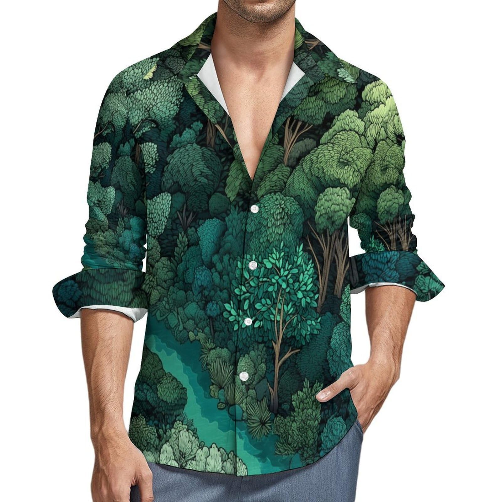 Camisa de Lino Verde Manga Larga para Hombre Camisas Informales de Verano Camisa Suelta de Ocio Árboles De Bosque Denso con Botónes Top con Bolsillo para Traje Diario