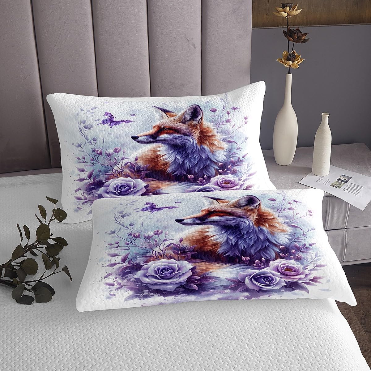 Homewish Purple Flower Fox Bedspread Twin Size,Blossom Flower Wildlife Bedding Set for Kids Boys Girls Room Decor,Nature Plant Boho Coverlet Set 2Pcs,Tie Dyeing Watercolor Animal Quilt,1 Pillowcase