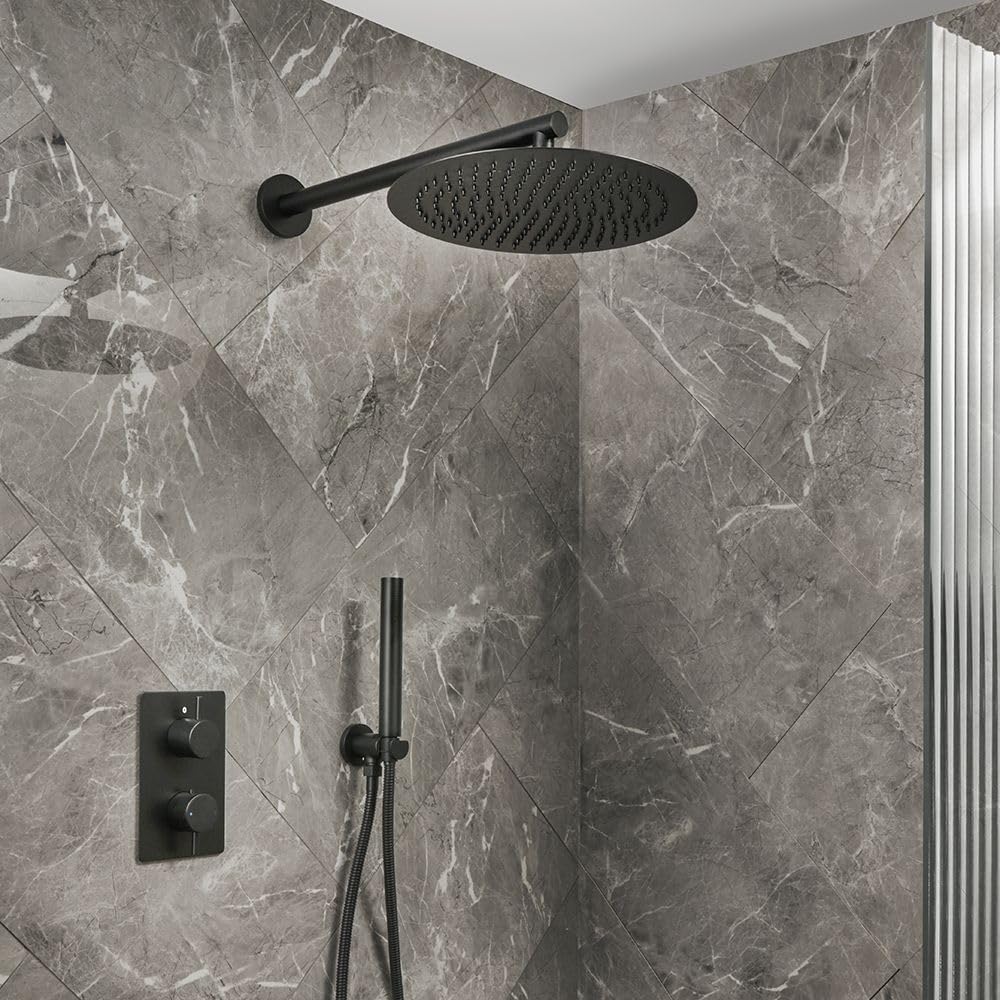 Milano Black Otto Thermostatic Diverter Mixer Valve 300Mm Round Shower Head Handset