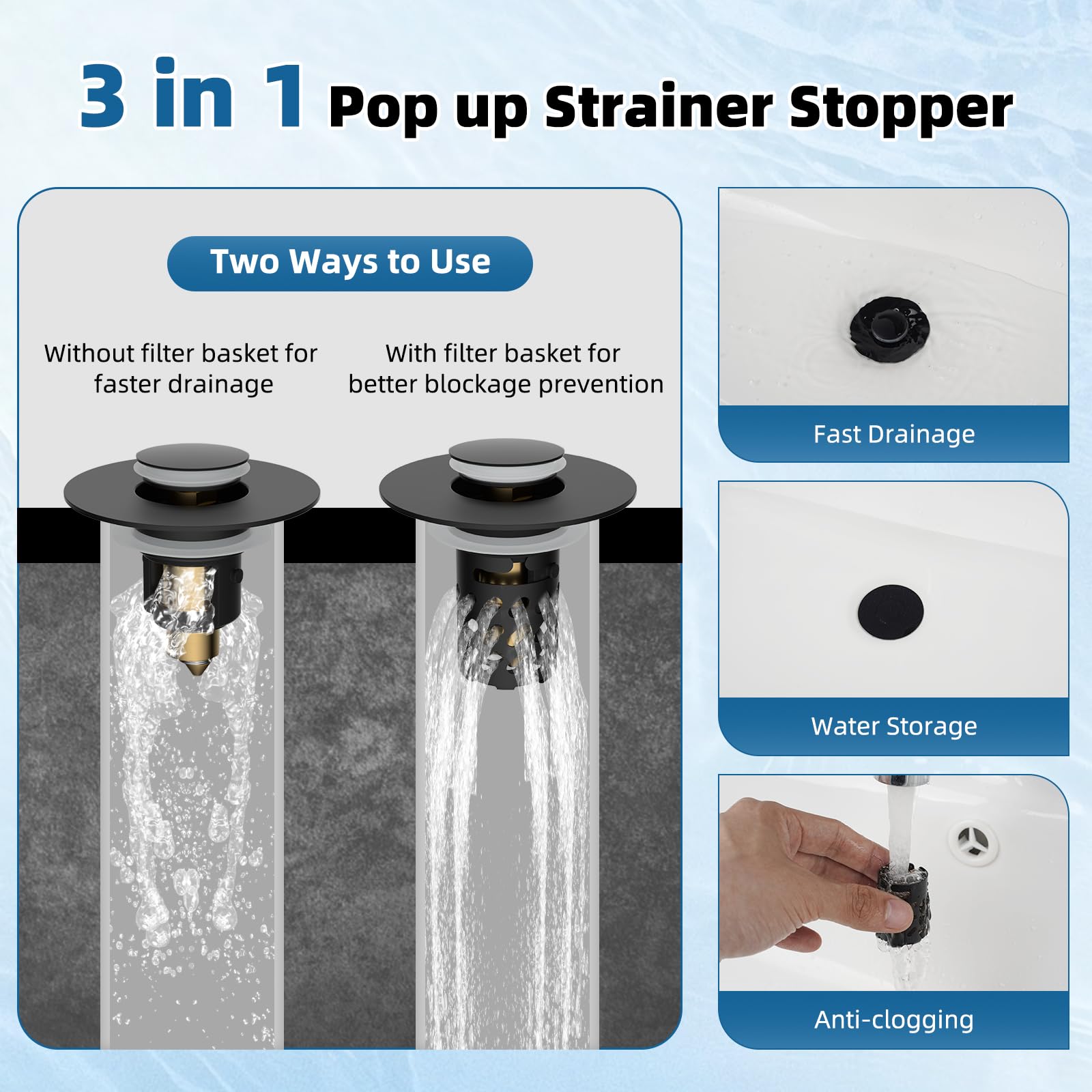 IFealClear Bathroom Sink Stopper – All Metal Pop-Up Drain With Removable Filter, Fits 1.1-2.36 Inch Sinks