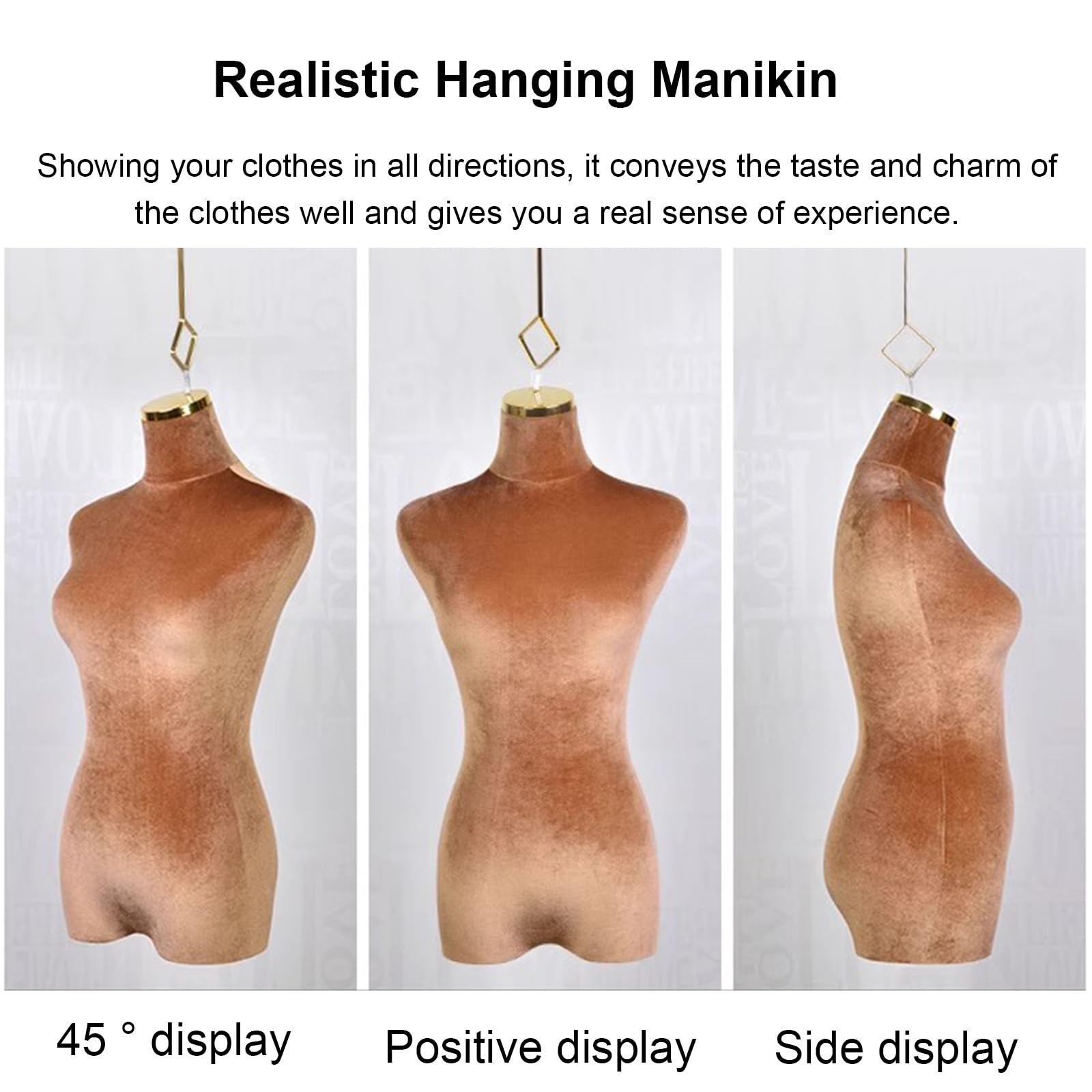 Manichino da Sartoria Marrone per Donna Adulta con Gancio in Metallo, Mezzo Busto da Appendere per Abiti da Sposa, t-Shirt e Camicette, manichino da 70 cm
