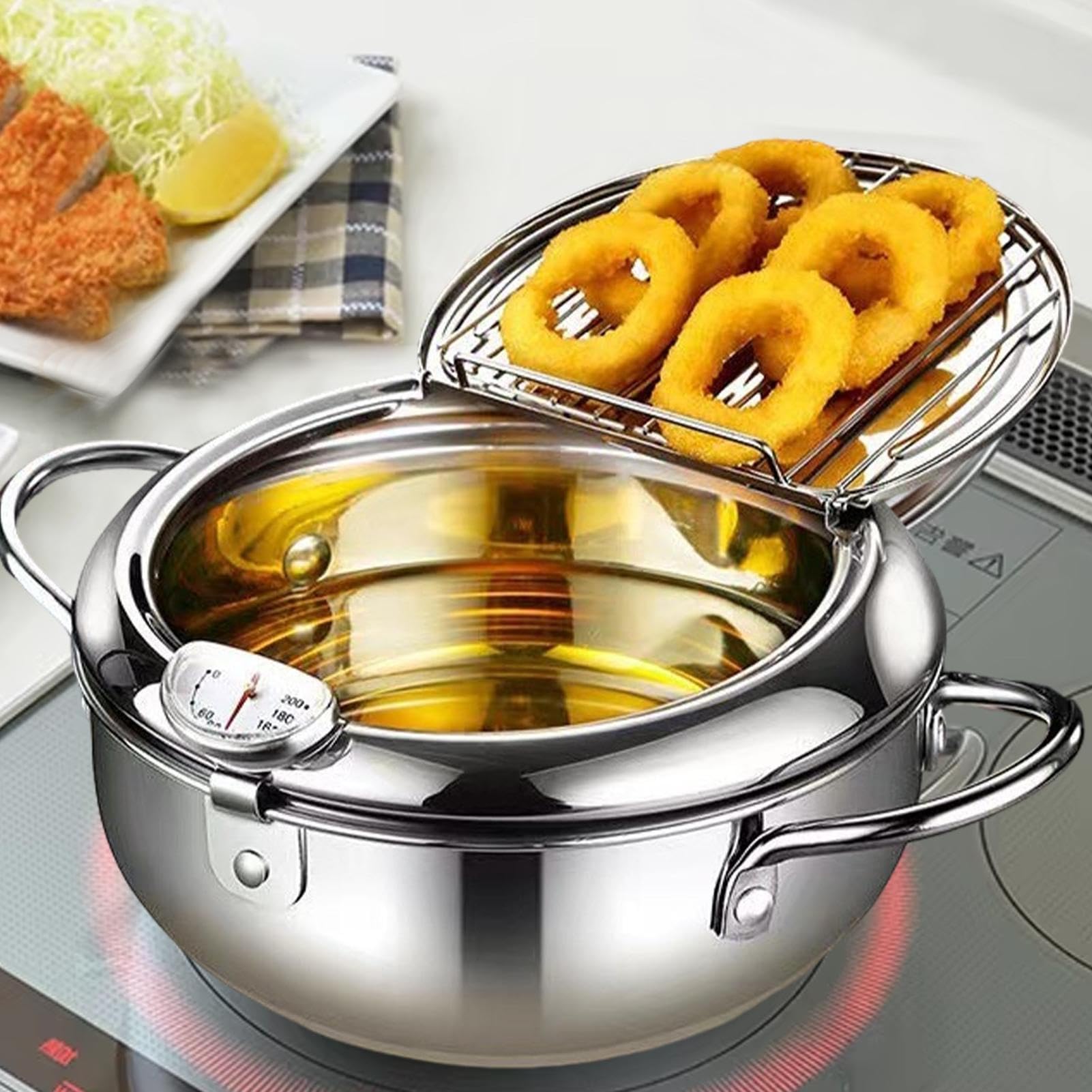 Pentola per friggitrice | Pentola in acciaio con termometri, friggitrice | grande in acciaio, deliziose patatine fritte per cucinare croccanti