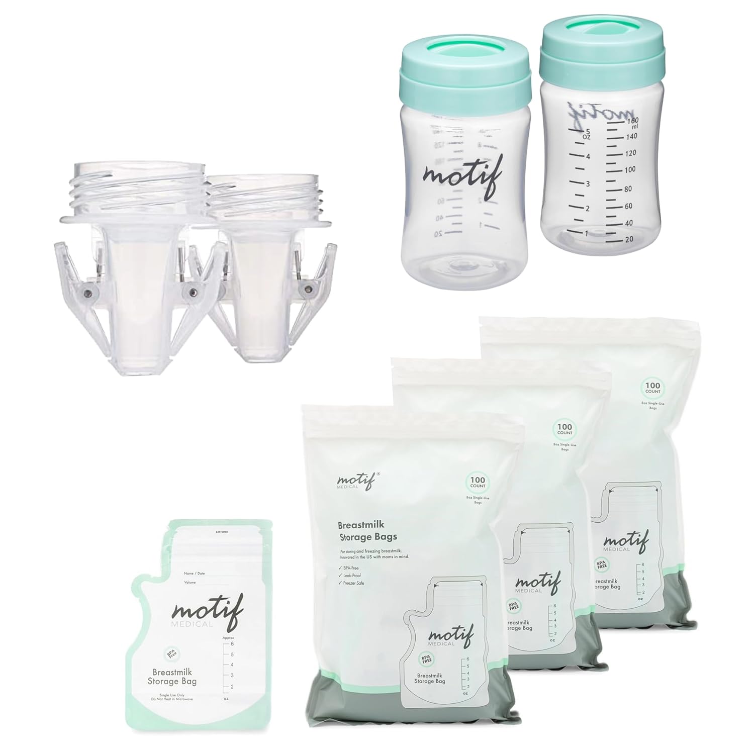 Motif Medical Breast Milk Storage Bundle - 2 Bottles, 2 Pump-to-Bag Adapters, 300 Milk Storage Bags