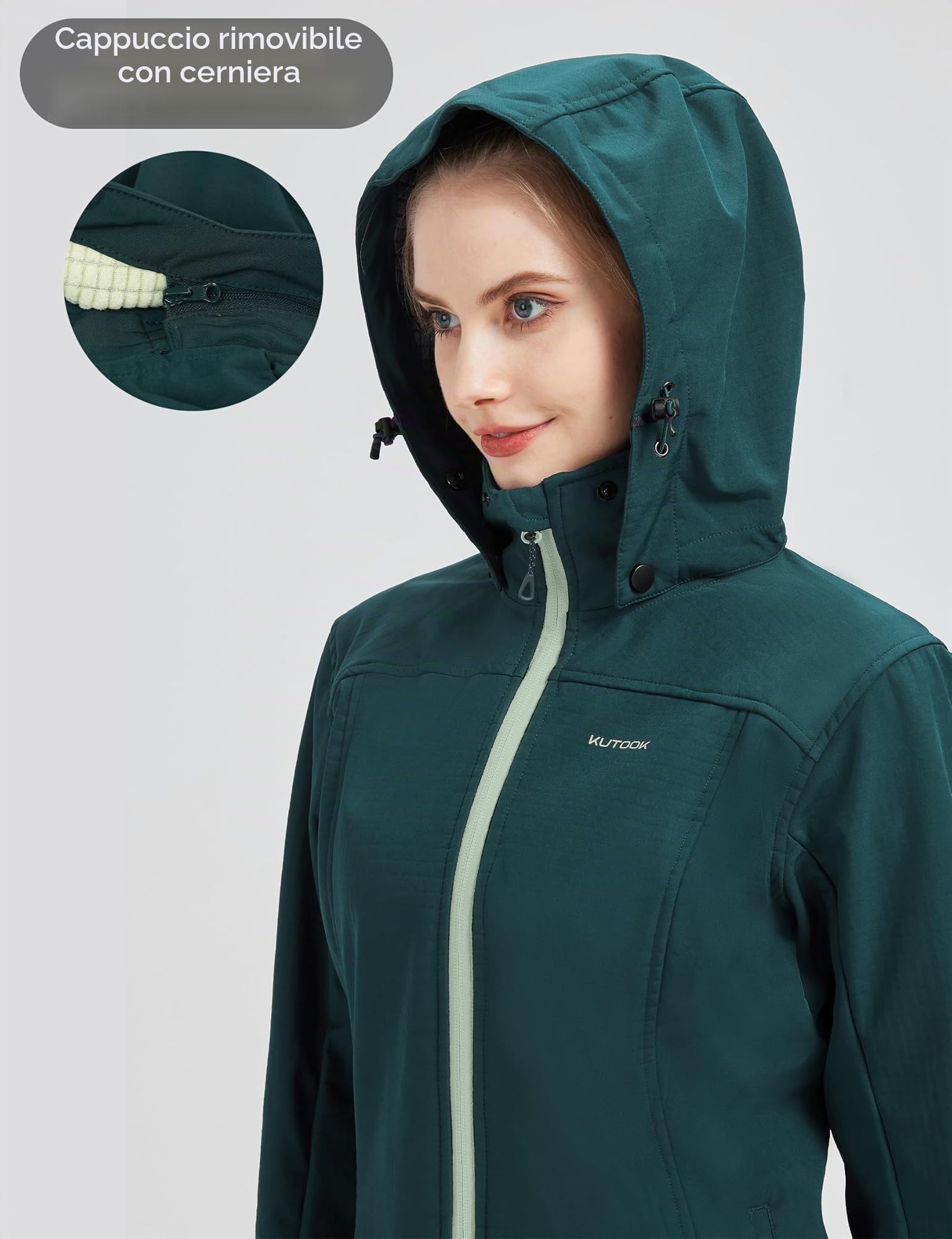 KUTOOK Giacca Softshell Donna Giacca Trekking Donna Invernale in Pile con Cappuccio Removibile Impermeabile Antivento per Pesca Arrampicata Escursionismo all'aperto e Vita Quotidiana