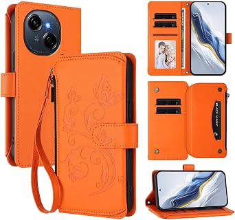Phone Cover Compatible with Tecno Spark Go 1 / Go 1S / Spark Go 2025,Compatible with Tecno Pop 9 4G Lanyard5 Card HolderZipper WalletMagnetic Clasp Flip Stand Case Orange