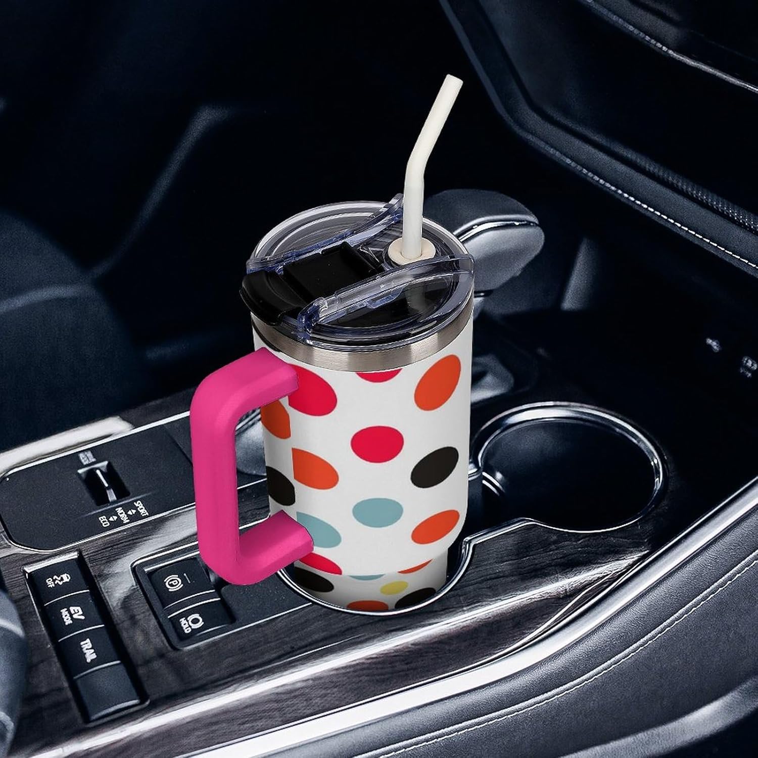 Polka Dot Travel Coffee Mug Reusable Durable Stainless Steel Insulated Tumbler with Handle And Straw Leak Resistant Portable Thermal Cup Gifts for Men Women 40 Oz