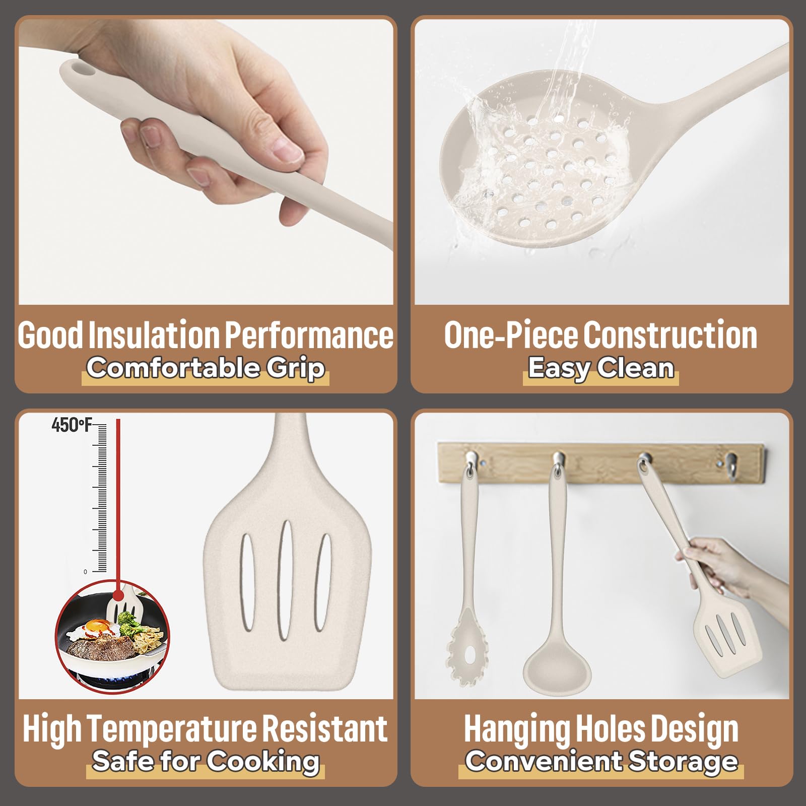 E-far - Juego de utensilios de cocina de silicona, 23 piezas, color caqui, con soporte para utensilios de cocina antiadherentes, incluye espátula/cucharón/cucharón/pinzas/volteador, resistente al