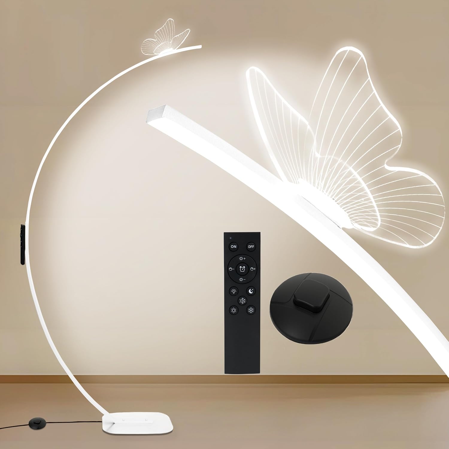 Arc Floor Lamp?2000 Lumens Dimmable Butterfly Arched Floor Lamp with Remote & Foot Control, 3 Color Temperatures, Modern Floor Lamps for Living Room, Bedroom, Office (White)