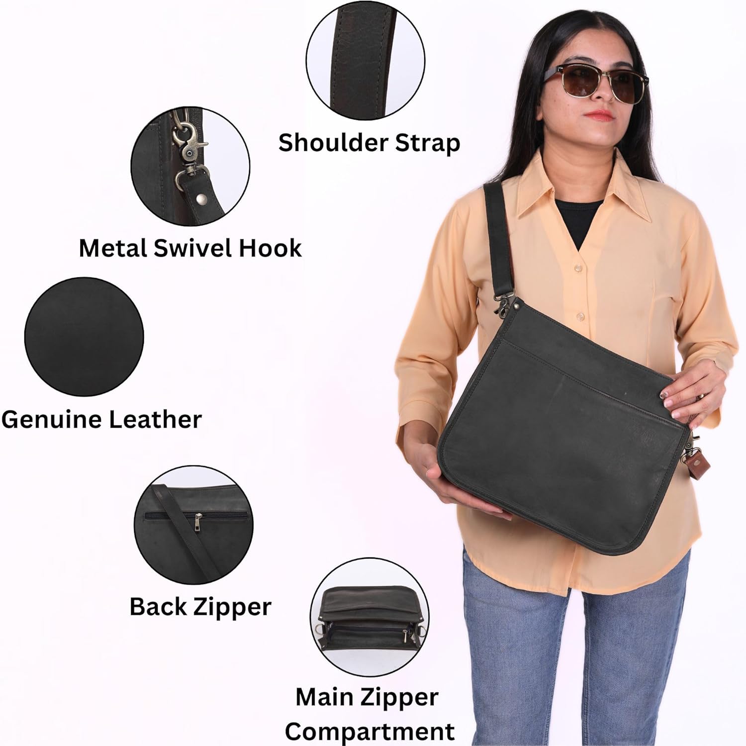 Genuine Leather Crossbody Purse for Women – Medium Satchel Bag with Zipper Pocket – Soft Vintage Boho Handbag - Image 3