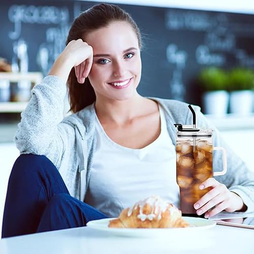 Miniatura 6 de Vaso de vidrio con tapa y popotes, taza de vidrio de gran capacidad de 40 onzas con asa, vasos para beber con posavasos de silicona, taza de agua de