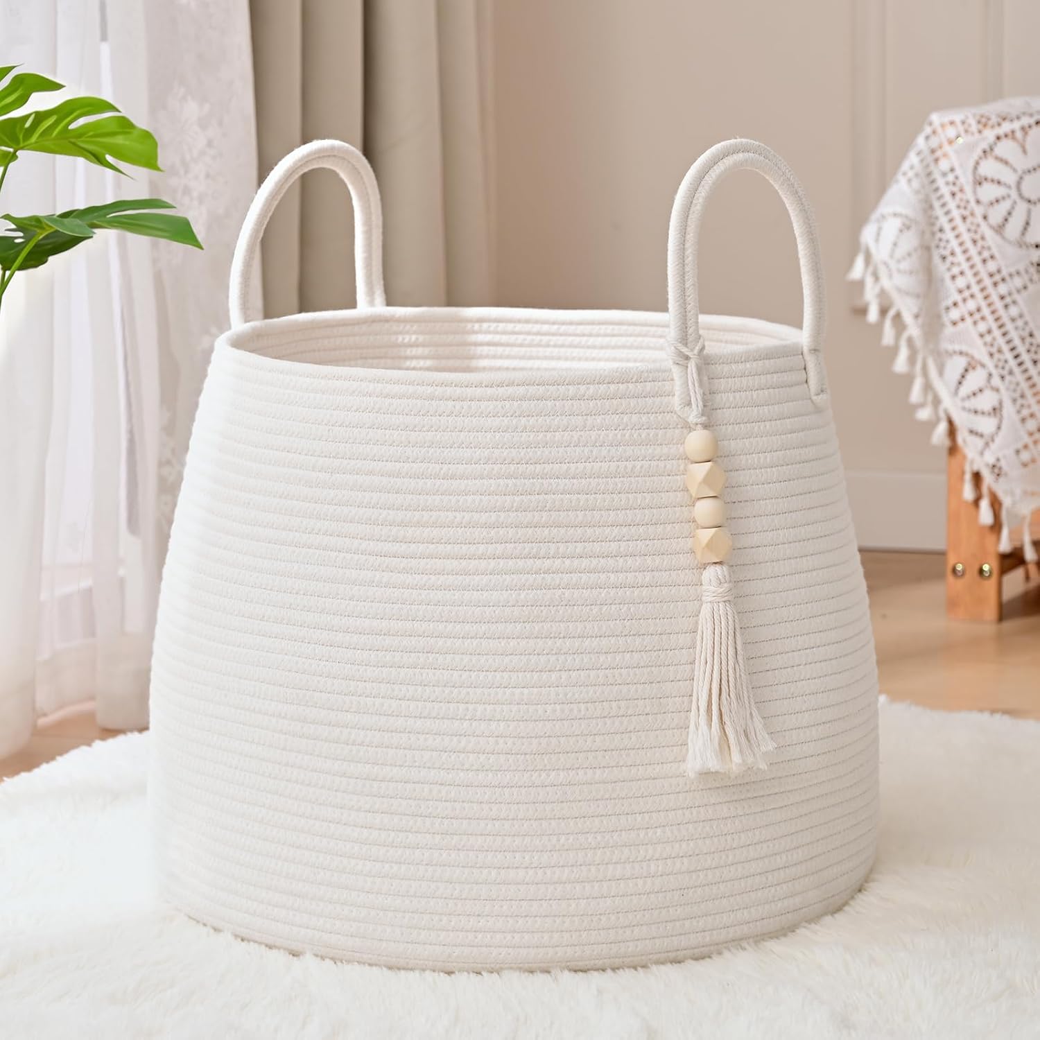 Large Nursery Hamper, 60L Blanket Basket with Handle, Baby Laundry Basket for Gift, Toy, Clothes, Woven Storage Basket with Wooden Bead Decor, Baby Hamper for Nursery (White)