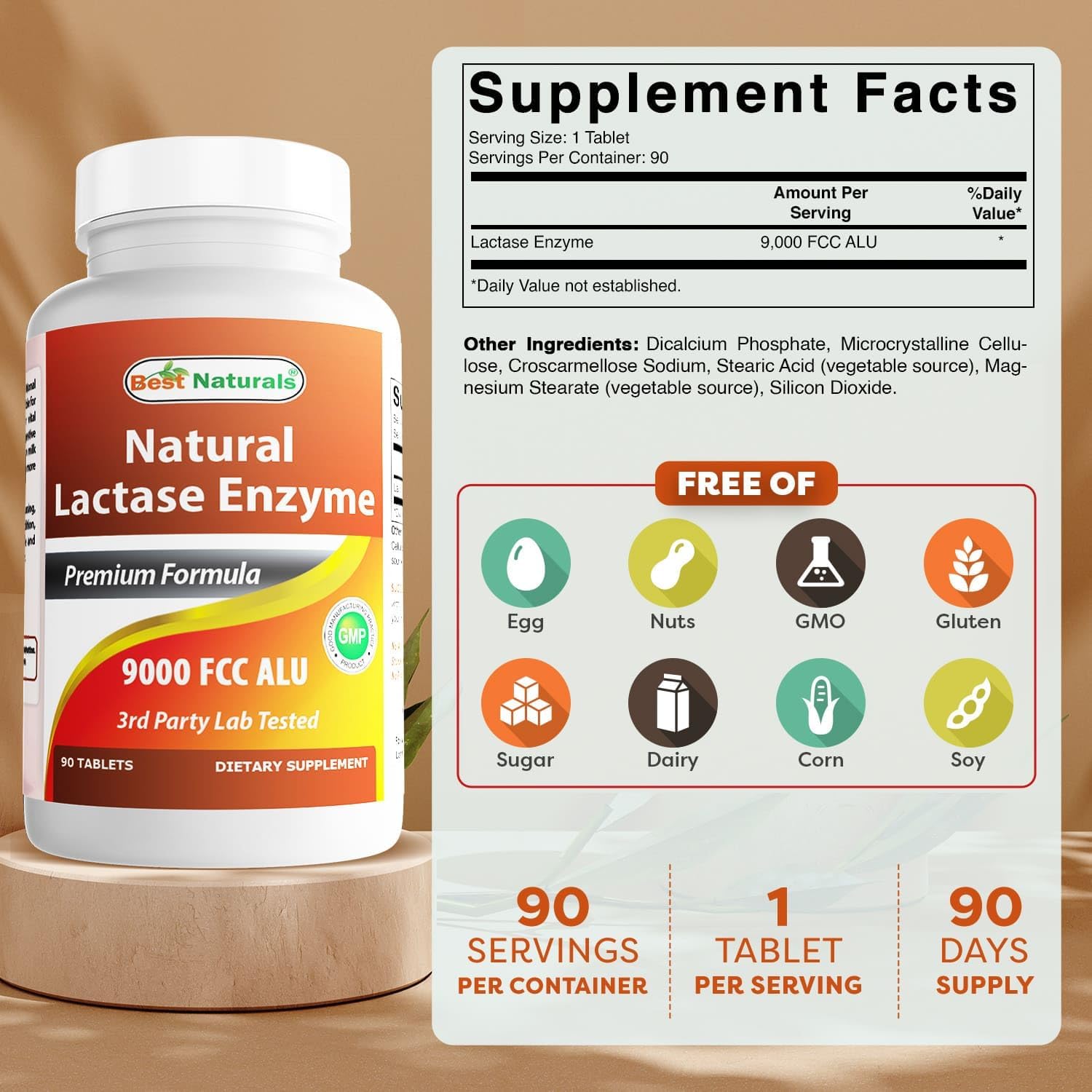 Best Naturals Lactose Intolerance Relief Tablets with Natural Lactase Enzyme, Fast Acting High Potency Lactase, 9000 FCC ALU, 90 Count - Image 2