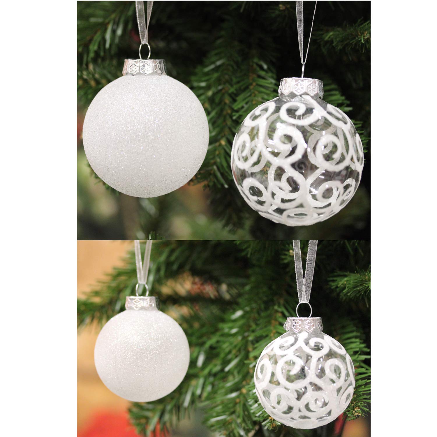 Palline Per Albero Di Natale 8 Cm 6 Palline Natalizie In Vetro Trasparente Con Pois Da 10 Cm, Pendaglio Decorato -Argento Decorazioni Albero Natale Eleganti