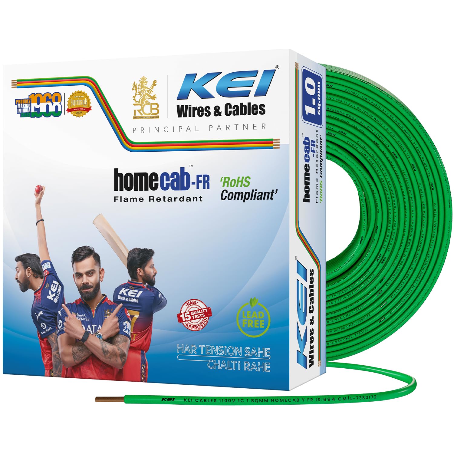 KEI WIRES & CABLES Homecab 1 sqmm 1 Core Copper Flame Retardant House Wire PVC Insulated Cable for Domestic & Industrial Electrical Wiring (Green, 90 Meters)