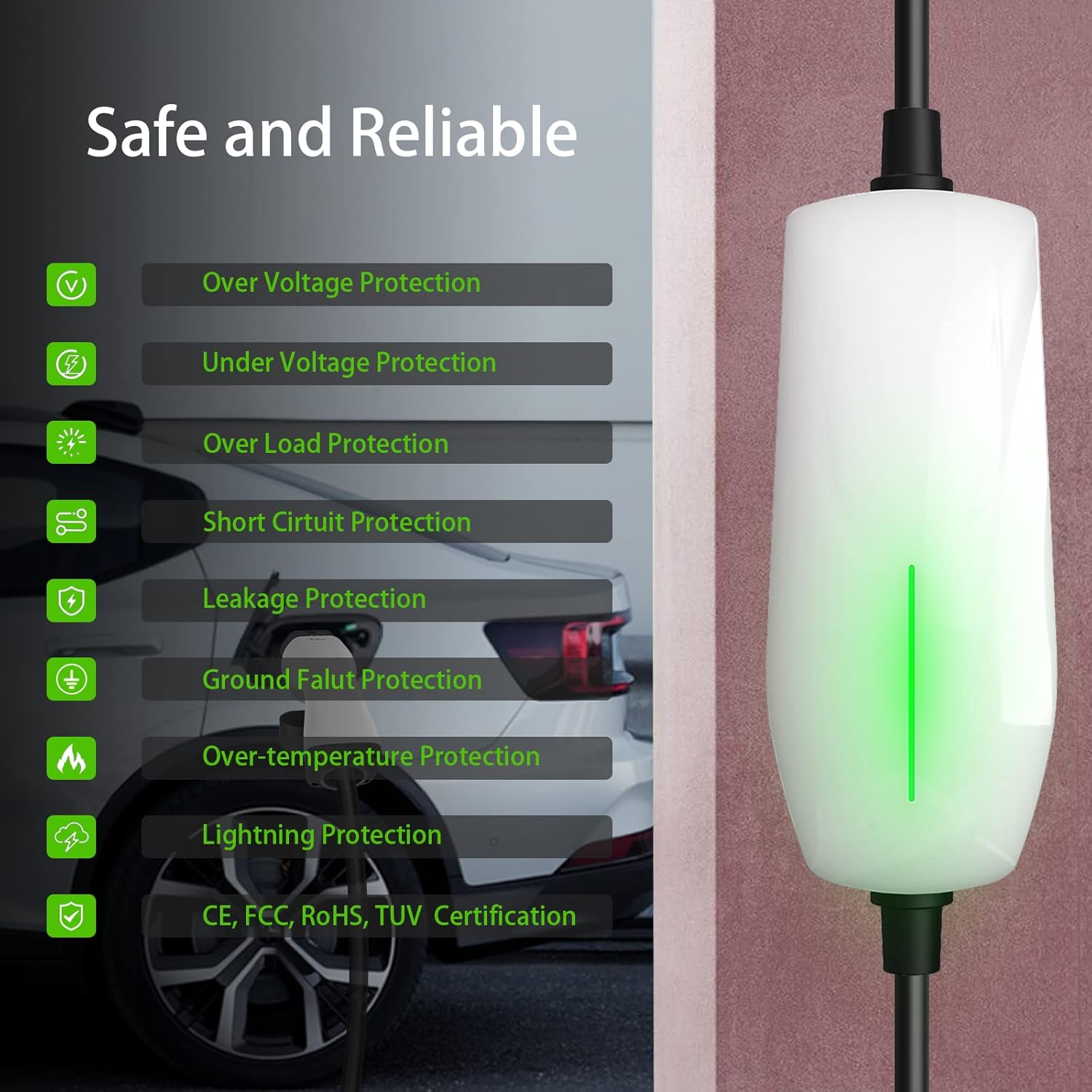 Teskee P60 EV Charger control box with a list of safety protections: Over Voltage, Under Voltage, Over Load, Short Circuit, Leakage, Ground Fault, Over-temperature, Lightning Protection, and CE, FCC, RoHS, TUV Certification.