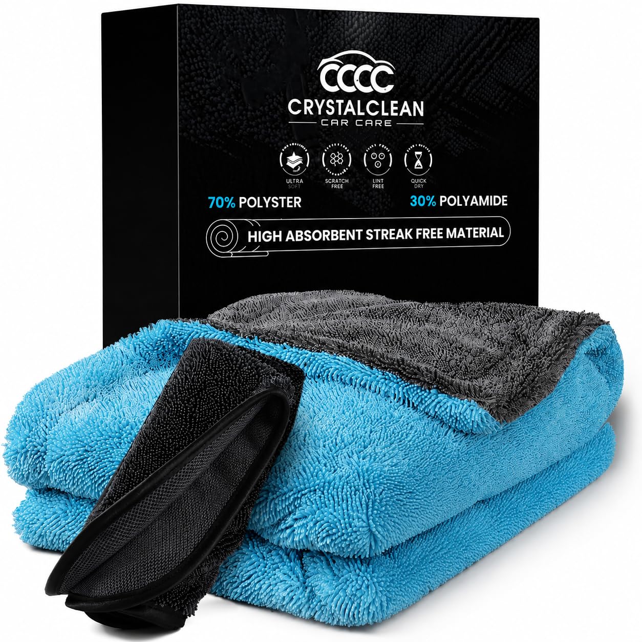Crystal Clean Car Care Grey+Blue Microfiber Towels For Cars - 1300Gsm X Large Size Double Twisted Loop 2Pcs - 70/30 Blend Quick Dry High Absorbent Edgeless Streak Free - Car Drying Towel For Detailing 24X36″ & 12X12 (Grey+Blue)