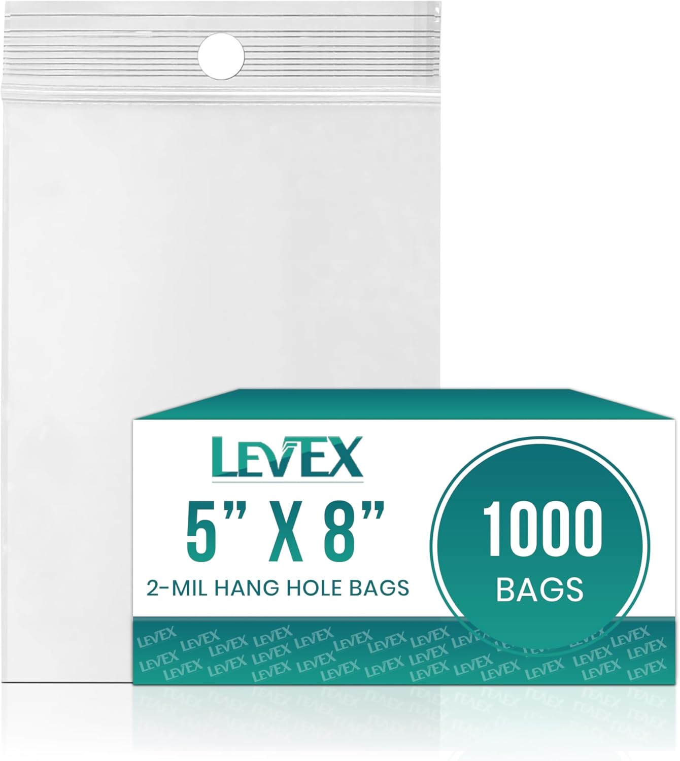 Levex - 5" x 8" (1000 Count) 2 Mil Clear Hang Hole Display Reclosable Zip Plastic Poly Bags with Resealable Lock Seal Zipper for Travel, Storage, Packaging & Shipping