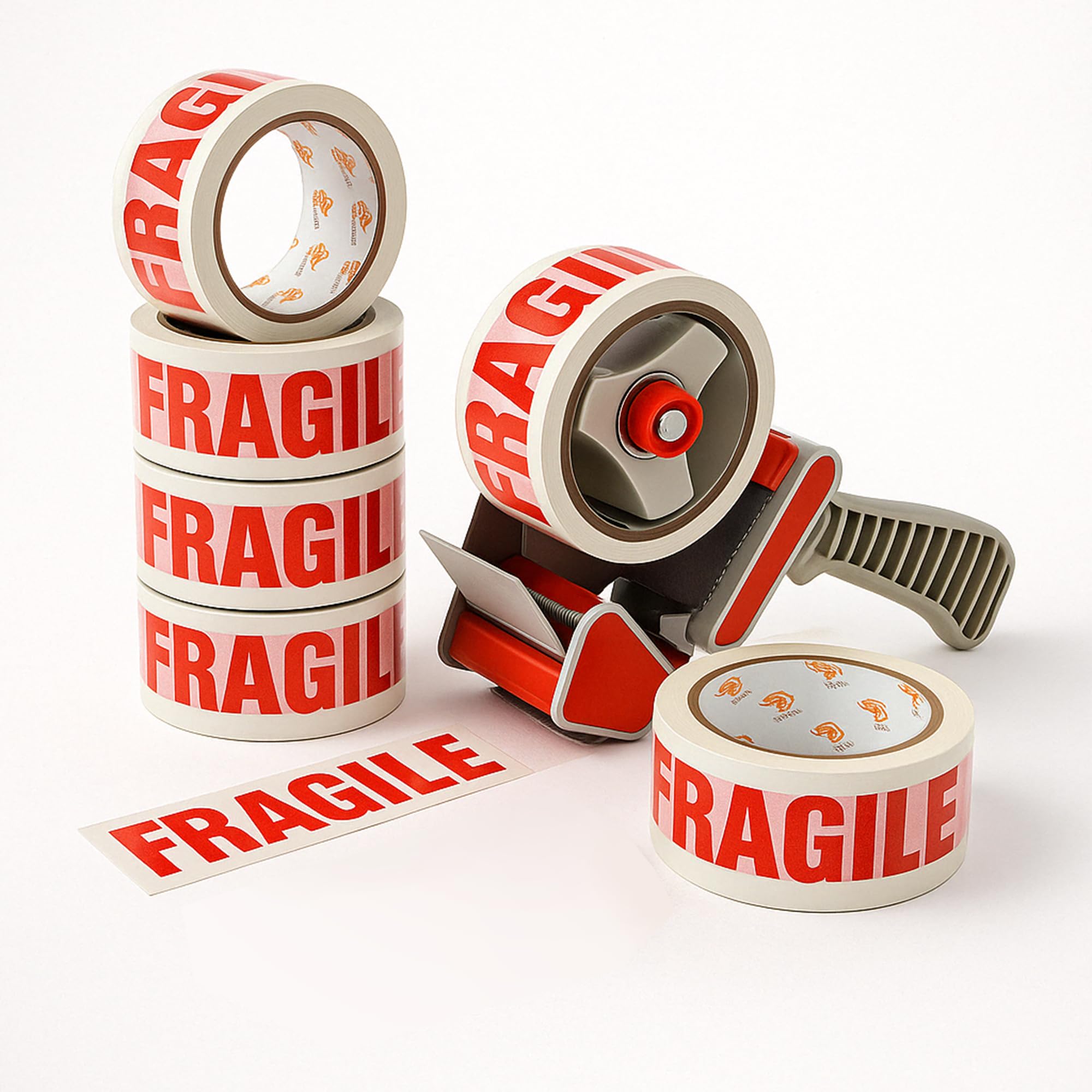 EPISENT Heavy Duty Packaging Tape Gun Dispenser - with Pack of 6 Fragile Packaging Tape Rolls - 48MM x 66M - Heavy Duty Packing Tape with Dispenser - Tape Gun - for Parcel Boxes or General Purpose