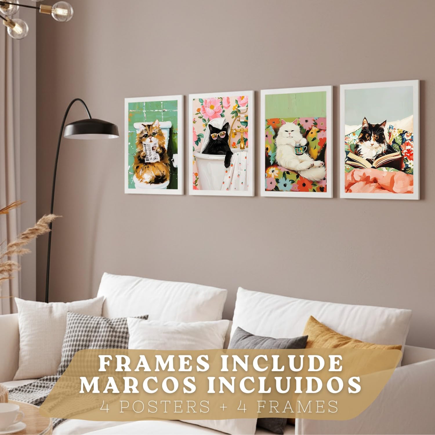 Nacnic Set De 4 Laminas Decorativas Gatos Divertidos Cuadros Salon Modernos - Posters Decorativos Animales Decoración Dormitorios Cocina Baño A3 Marco Blanco