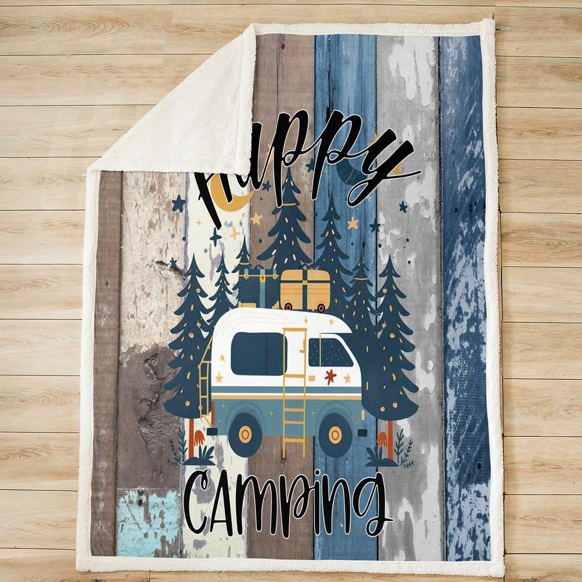 Feelyou Camper Bedding Sherpa Blanket St Queen 90"x90" Happy Camping Fleece Throw Blanket RV Camping Wood Grain Tree Vinatge Plush Blanket for Bed Sofa Couch Room Decor Blue Fuzzy Blanket