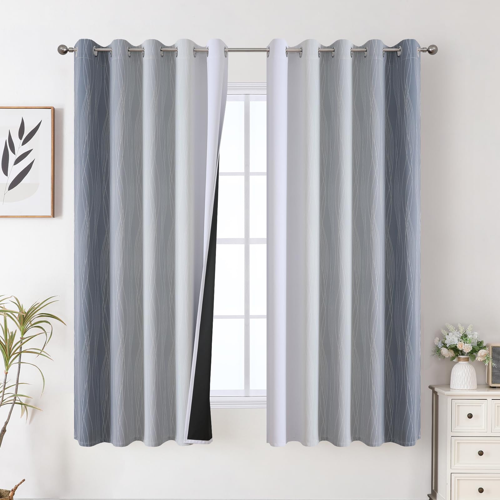 Grey and Greyish White Ombre Blackout Curtains for Bedroom 63 Inch Long