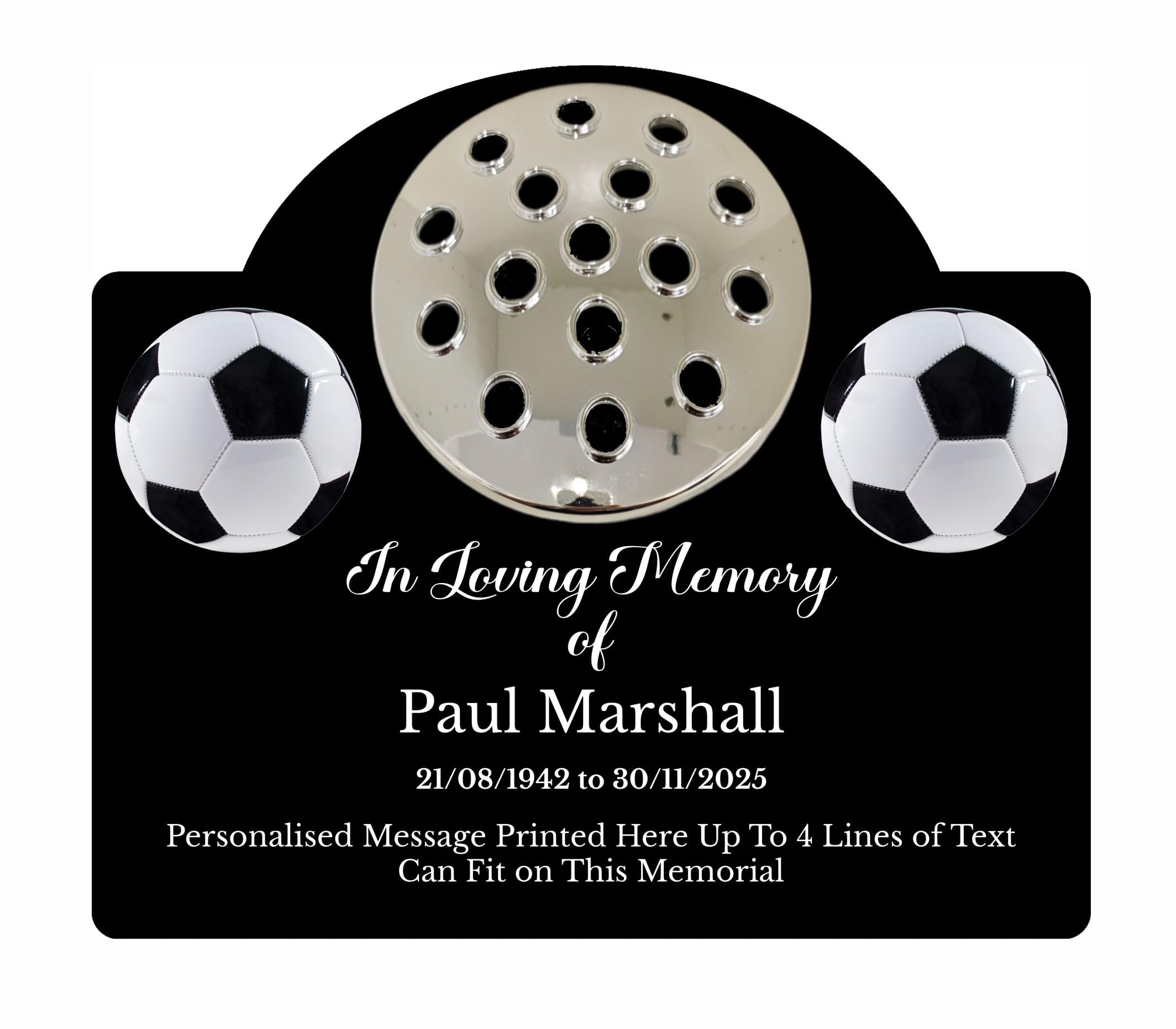 1stclassgifts Personalised Football Design Metal Grave Stone Marker Headstone Memorial Plaque In Memory Sign Remembrance Flower Pot Vase (UV PRINTED) (Black, Silver Lid)