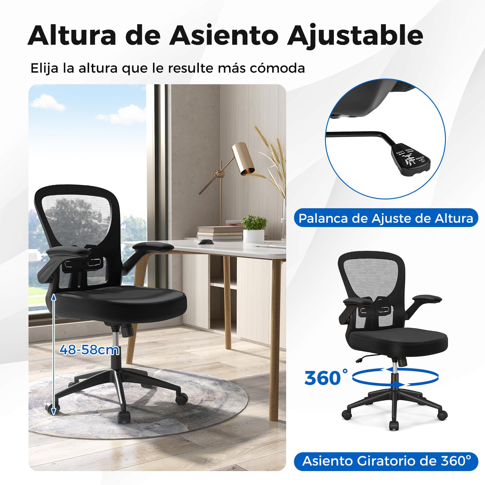 GIANTEX Silla de Oficina de Malla, Silla de Escritorio Ergonómica con Altura Ajustable, Reposabrazos Abatibles, Soporte Lumbar y Cojín de Esponja Suave, con Ruedas, para Dormitorio, Oficina