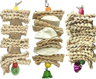 Acidea Parrot Toys Chewing Bird Toy Cuttle Bone Beak Grinding Cage Hanging Bell Toys for African Greys Amazon Conure Eclectus Budgies Parakeet Cockatiel Hamster Chinchilla Rabbit, 3 Pack