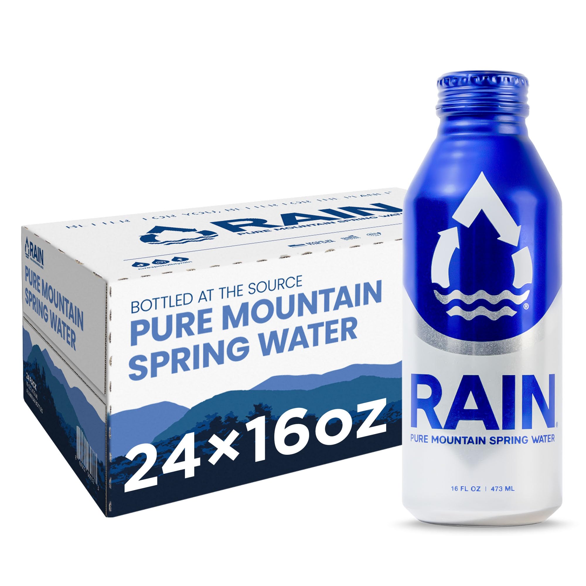 RAIN, Spring Water, 16 Oz, 24 Pack, Bottled At The Source, Recyclable Eco Friendly Aluminum