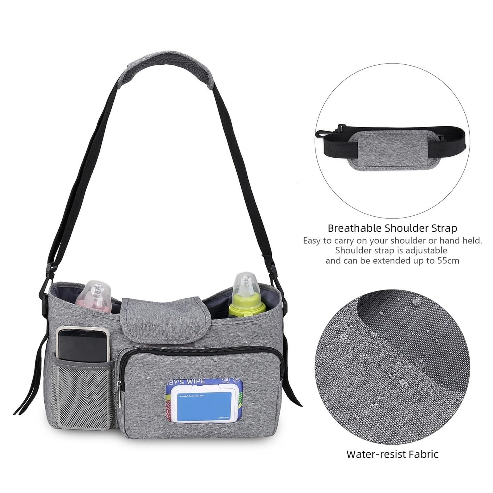 Wickeltasche Kinderwagen Kleine Wickeltasche, Kinderwagen-Organizer mit isoliertem Getränkehalter und Schultergurt, Mini-Kinderwagen-Aufbewahrungstasche for den Außenbereich(Black)