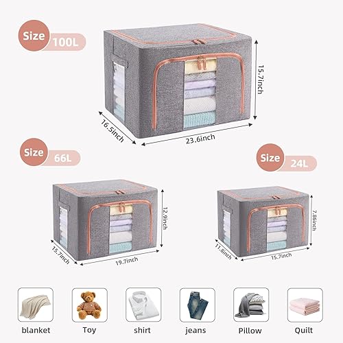 Miniatura 2 de Paquete de 3 contenedores apilables de almacenamiento de ropa de 66L con asas de marco de metal y cremallera, caja organizadora plegable con tapa