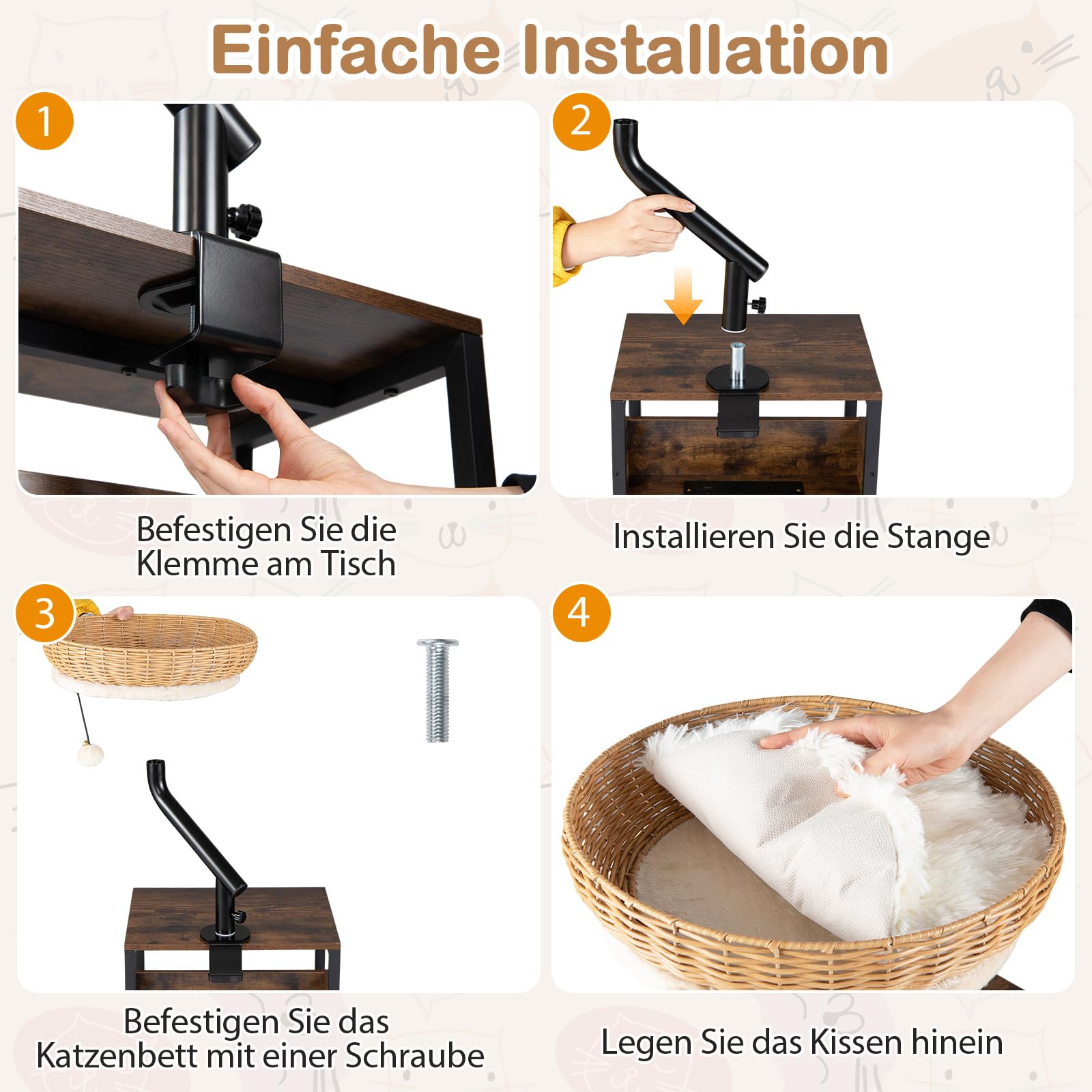 COSTWAY Katzenbett für Schreibtisch, Katzenkorb aus PE-Rattan, 360° drehbar, Katzen Schreibtischbett mit abnehmbarem Plüschkissen & Hängeball, Katzenbettständer Hängematte, ohne Bohren
