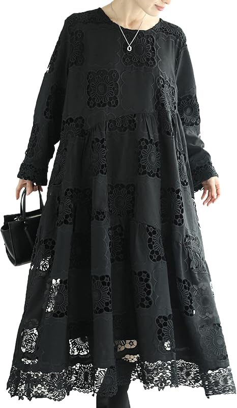 Amazon Co Jp フレンチパヴェ Cawaii 光に透ける 優雅な お花 レース ロング ワンピース ブラック 長袖 シアー素材 丸首 エレガント ベーシック カジュアル 服 ファッション小物