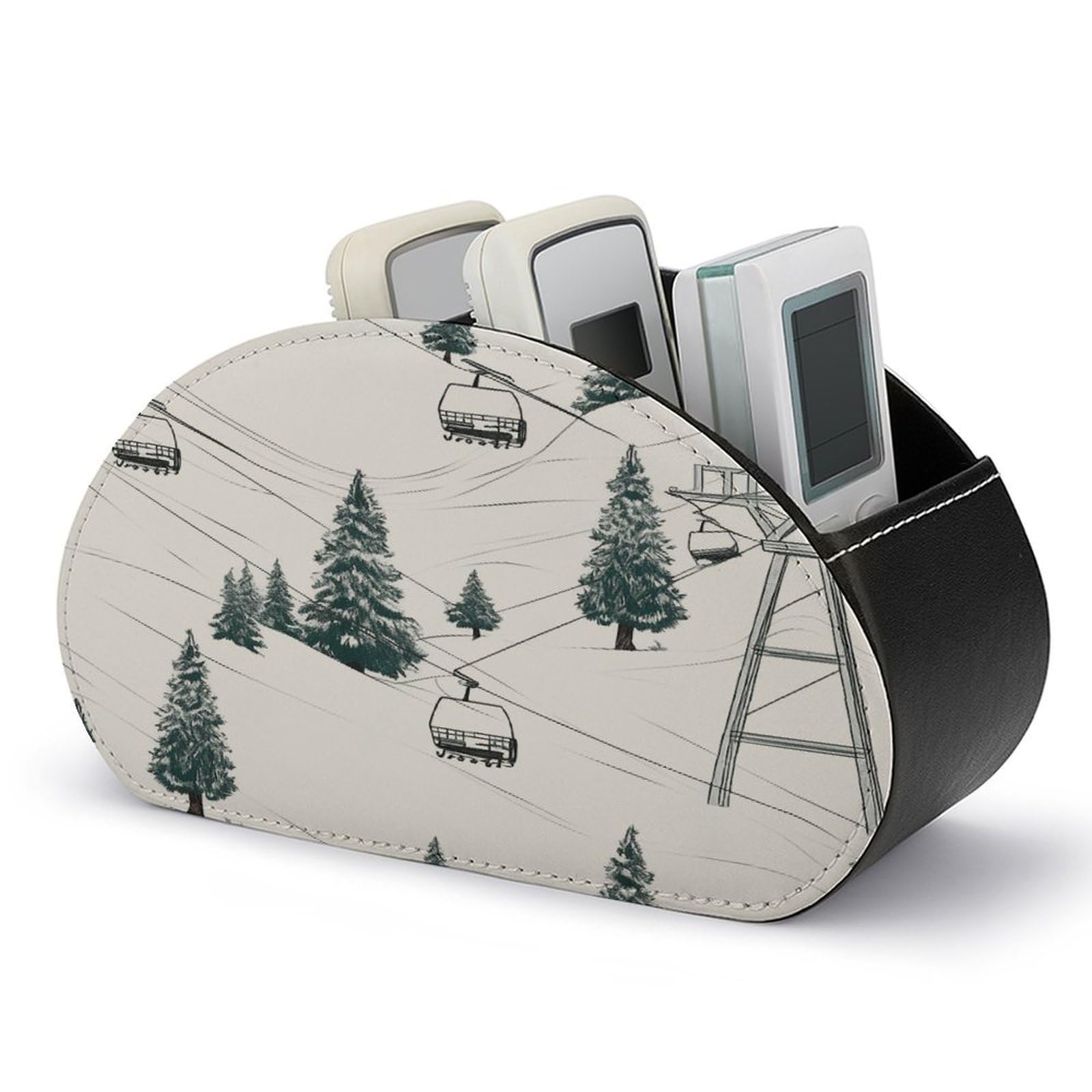 FekiLoot Ski Lift With Fir Tree Remote Control Holder, PU Leather Remote Control Organizer Box Stationery Remote Control Box Desk Storage Organizer for DVDs,Glasses,Pens,Media Players