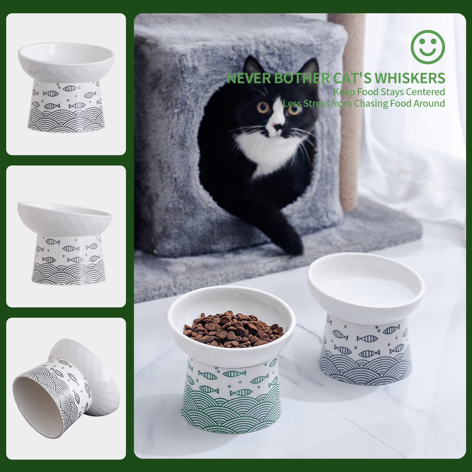 Gamelles surélevées inclinées en céramique pour chat et petit chien, sans stress, prévention du refoulement, protection de la colonne vertébrale du chat, sans plomb et cadmium, 12,7 cm de large, vert