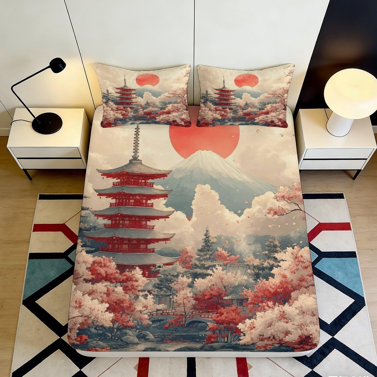 3D Printed Japanese Pagoda Fitted Sheet Microfiber Soft Breathable Mount Fuji Mattress Cover for Bedroom Guest Room Decor 200x200x25cm