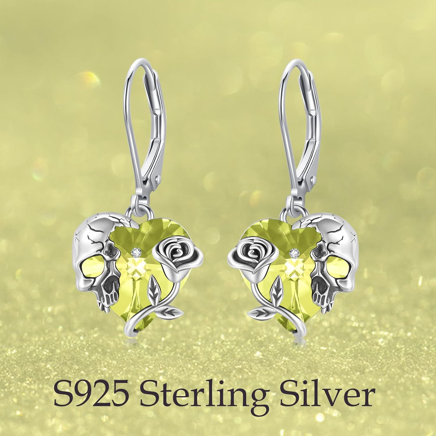 Rose Skull Earrings S925 Sterling Silver Heart Crystal Birthstone Dangle Drop Earrings Hypoallergenic Gothic Skull Leverback JJewelry Gift for Mom Daughter Wife - Image 6