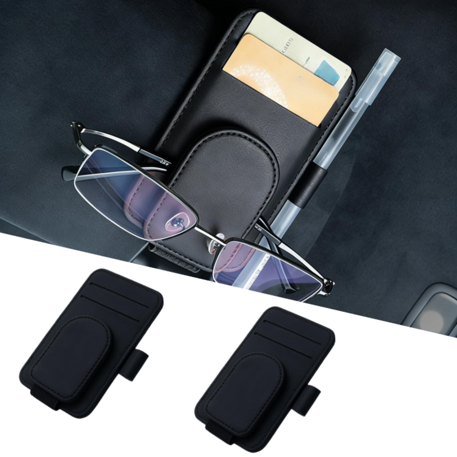 DURASIKO 車 メガネホルダー ペンホルダー付き 車用サンバイザーポケット 車用メガネクリップ 小型 サングラス/眼鏡/チケット/カード/ペン 収納クリップ 取付簡単 便利グッズ 2個 ブラック