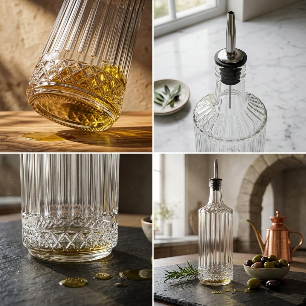 Deconox 2'li Pure Model Şeffaf Cam Yağdanlık Seti - Optikli (Çizgili) Tasarım, Paslanmaz Akıtmaz Uçlu Yağ ve Sirke Şişesi (750 ml x 2 Adet)
