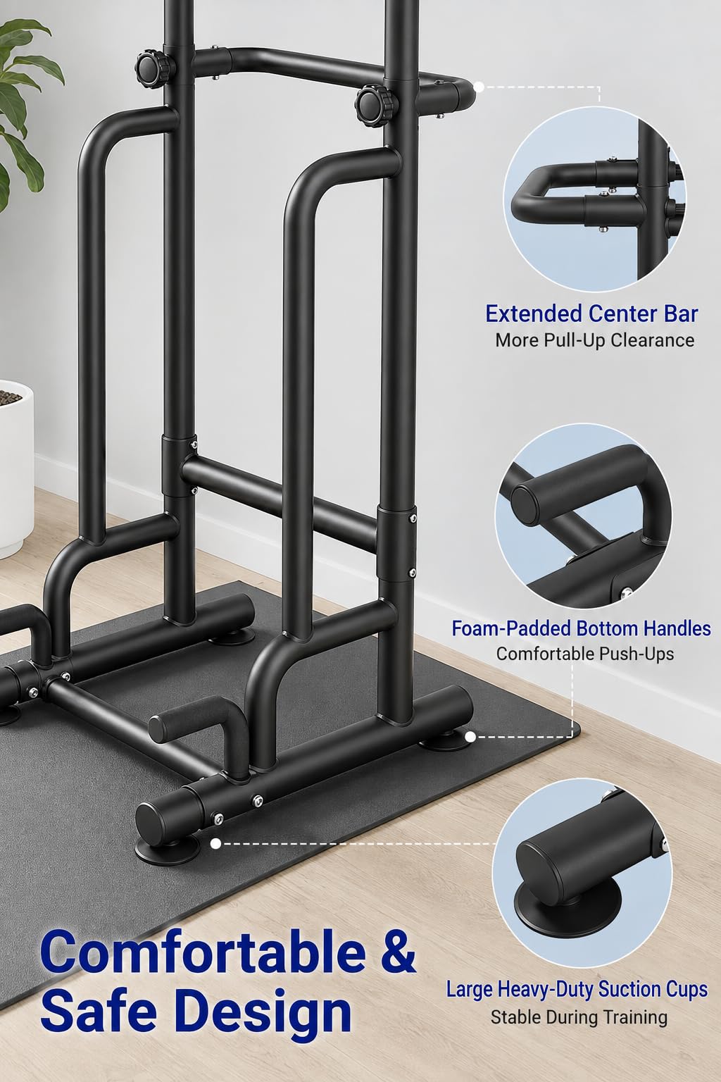 Barra de dominadas independiente de hasta 215 cm, estación de fondos Power Tower de hasta 150 kg, ajustable en 9 direcciones, estación de fuerza compacta con barras para fondos, barra para fondos