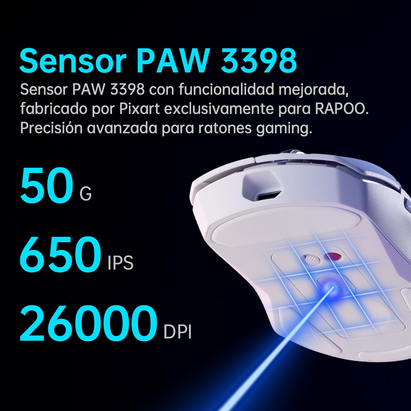 Rapoo VT9Pro Ratón Gaming Inalámbrico, Sensor Paw 3398, 26000 dpi, 1 ms Respuesta, Súper Ligero, hasta 160 Horas de Batería, 10 Botones Programables, Memoría Integrada, Blanco