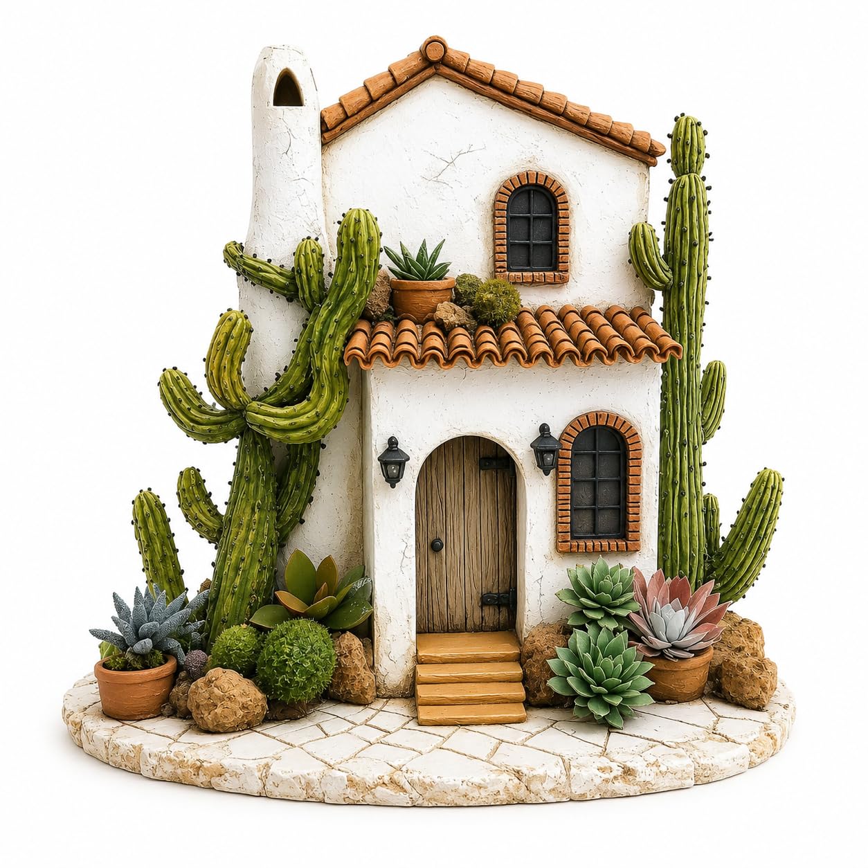 Spiaty 2D Flat Acrylic Desert House Decor Figure, Southwestern Style with Cactus and Succulents, Waterproof, 10cm Height, White Adobe House with Stone Path-image-48