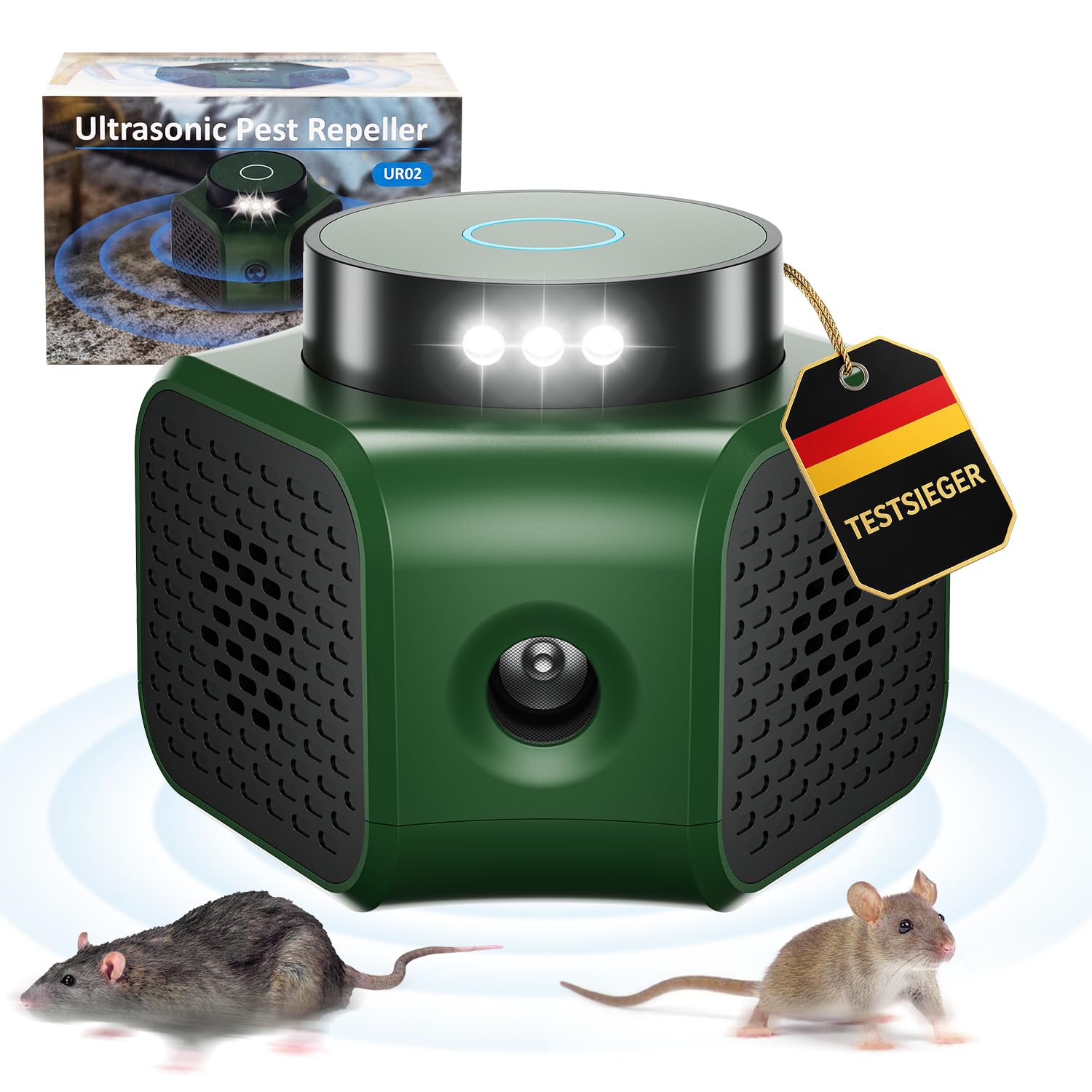 MEKEET Ultraschall Mäuseabwehr mit LED-Stroboskoplicht, 360° Schutz gegen Mäuse für Nagetiere, Eichhörnchen, Mäuse, Spinnen