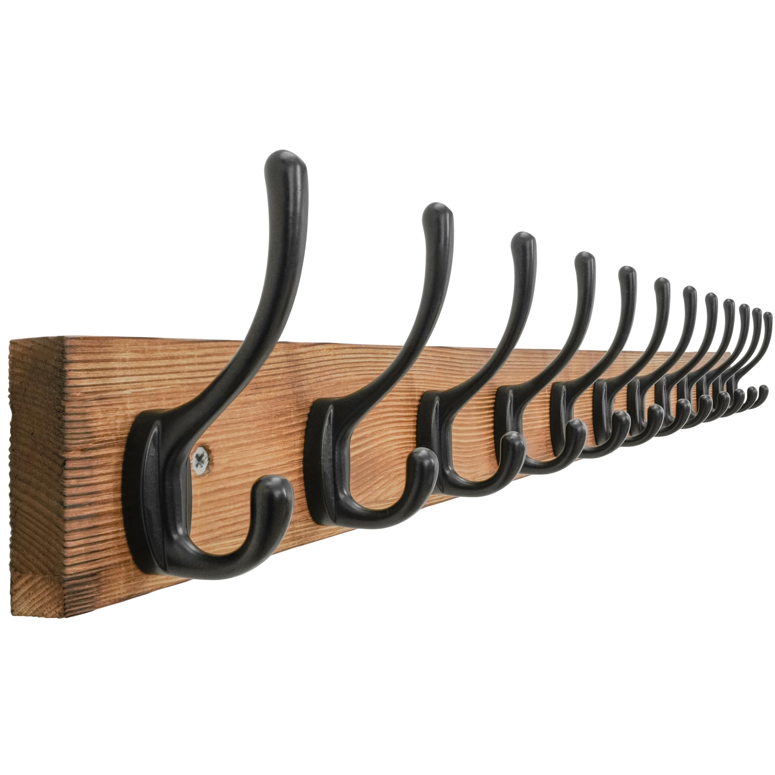 SKOLOO Rustic Farmhouse Coat Hooks Wall Mounted, 91cm Long, Solid Pine Wood with Weathered Finish, 12-Hook Distressed Wall Hanger for Porch, Mudroom, Cabin (Charred Wood & Black Hooks)​